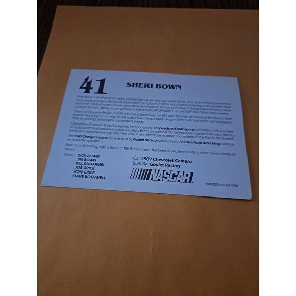 Vintage 1990 NASCAR Sheri Bown Driver Card #41 Speedcraft Auto Max 5x7 Camaro - Picture 2 of 2